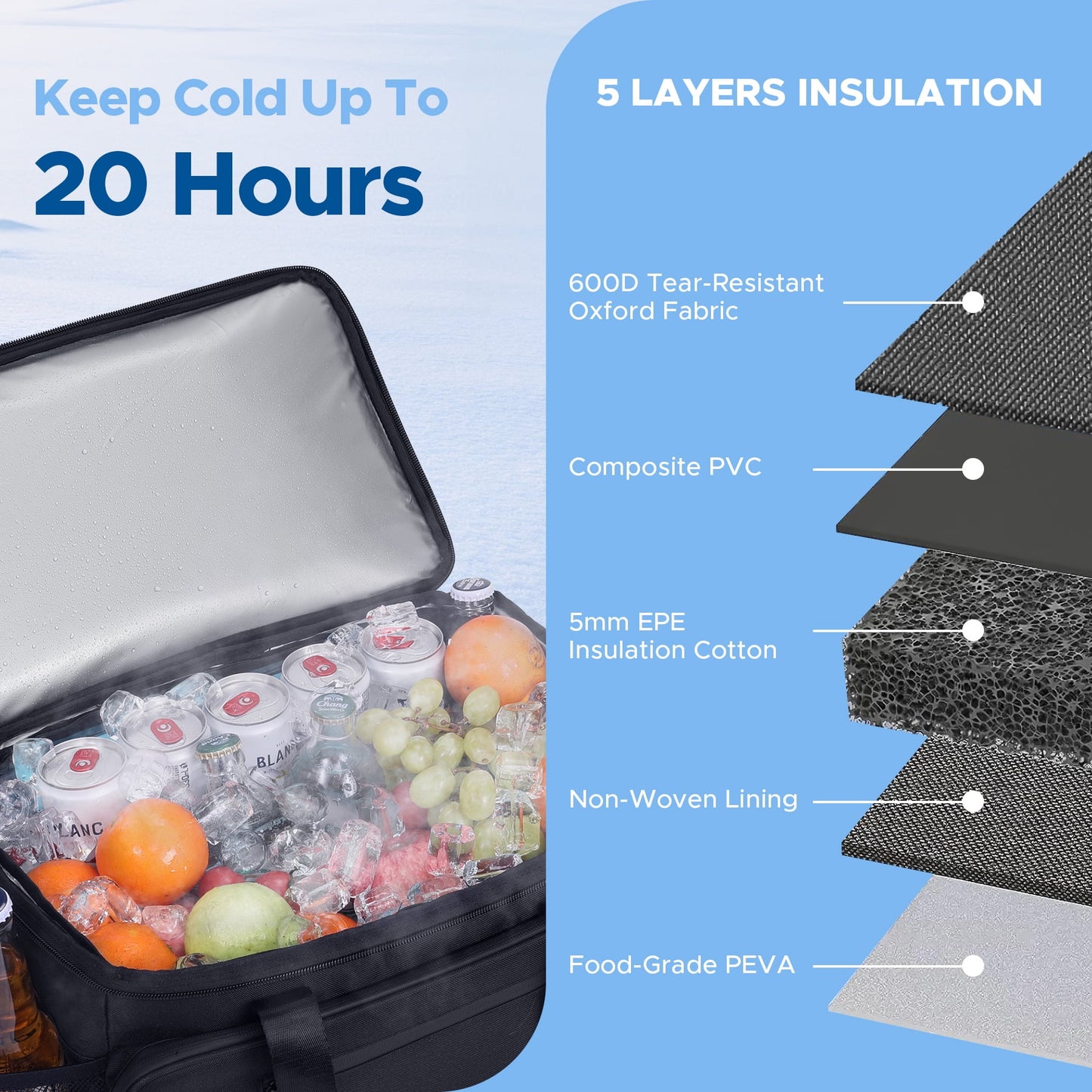 Soft Cooler Bag, Fits 48 Cans W/ Insulating Cover, Upgraded Leakproof Seal, 2 Compartments for Cold and Dry Storage